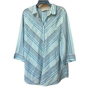 Chico's No-Iron 100% Linen Top Womens 4 2X  (20-22) Chevron Striped Blue Button